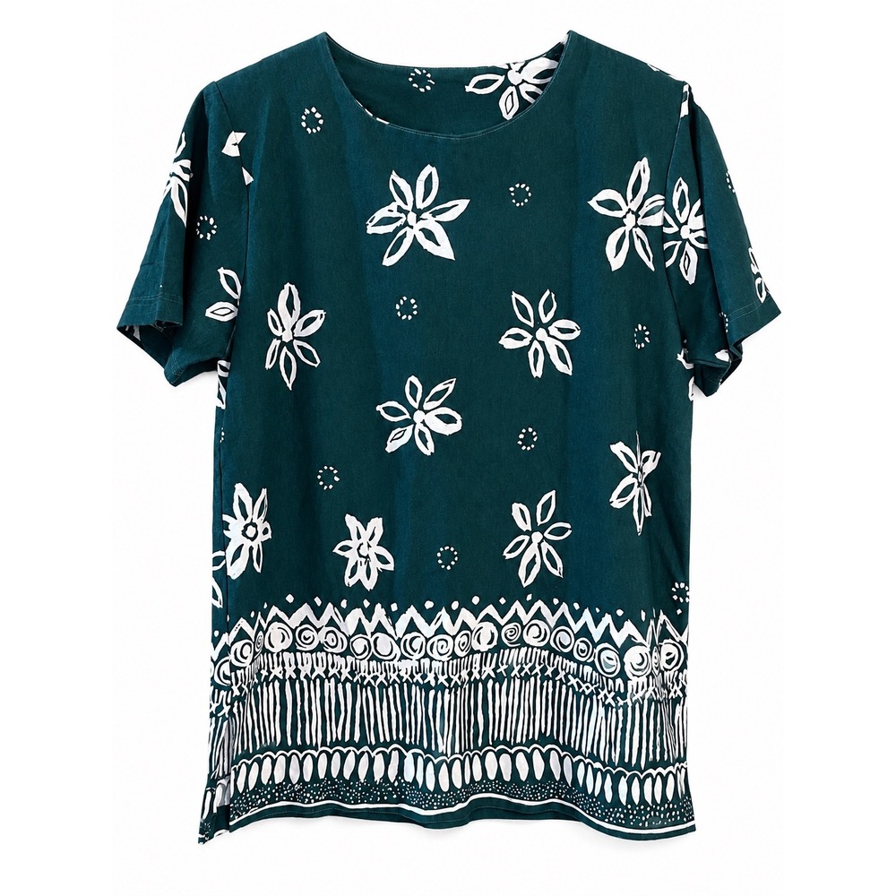 Vintage 90s Katelyn Rose Batik Floral Border Print Top Made in USA S/M